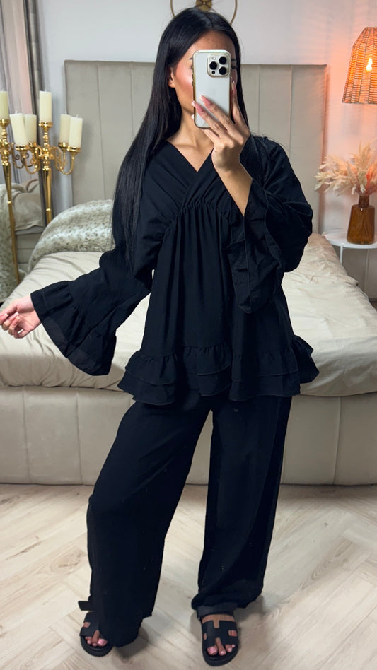 Oversized V Neck Set with Ruffle Details