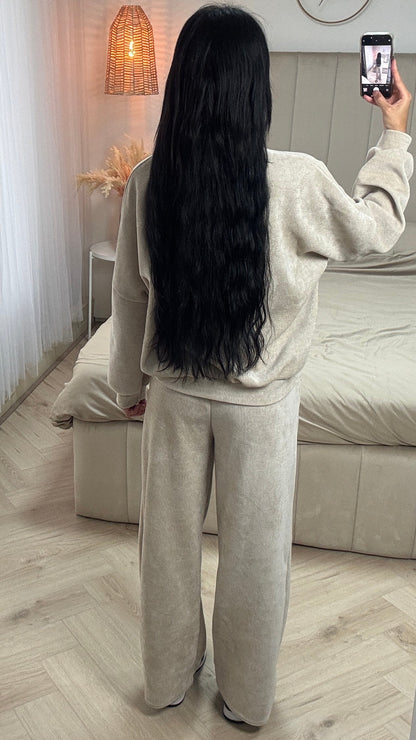 Velour Two-Piece Set with Zip-Up Cardigan and Wide-Leg Pants