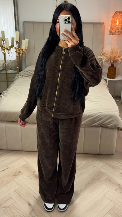 Velour Two-Piece Set with Zip-Up Cardigan and Wide-Leg Pants