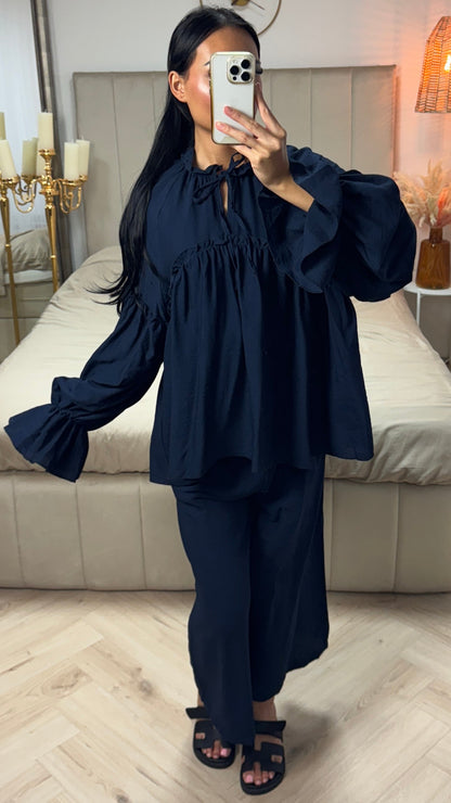 Cotton Set with Waist Accent and Wide Legs