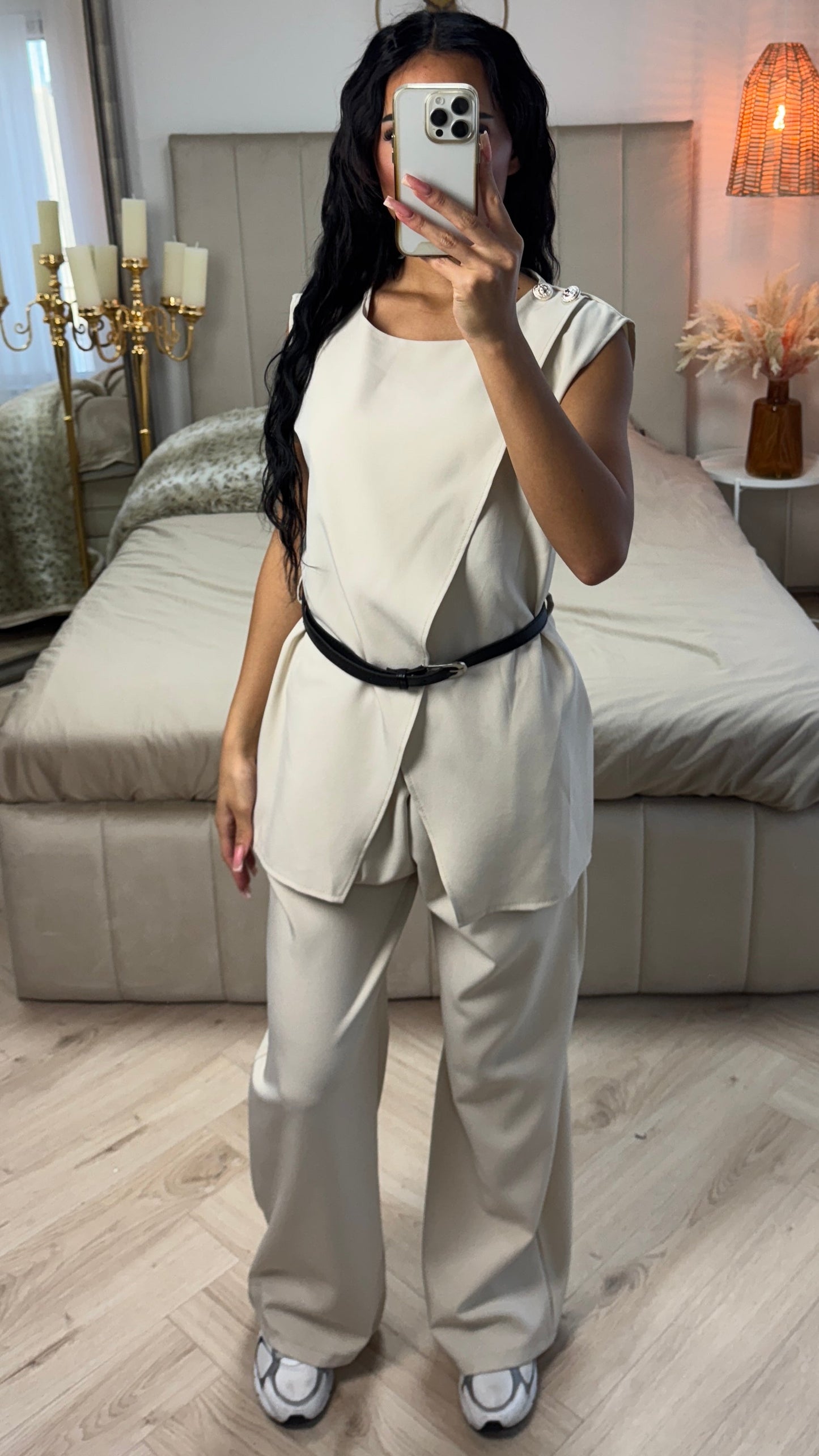 Wrap Cardigan Tie Belt Set Shoulder Button Detail