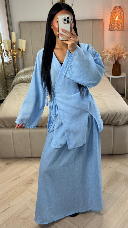 Wrap Splits Cardigan Tie Belt Skirt Set