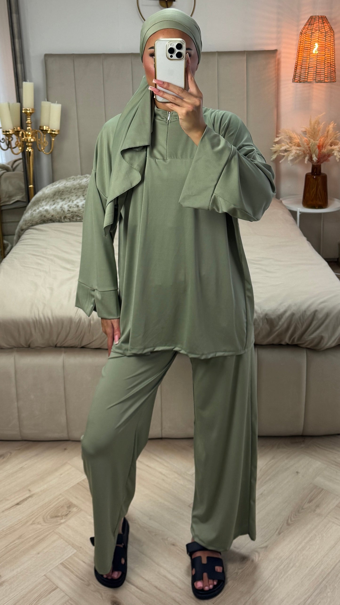 Zipper Essential Burkini Split Sleeve with Detail – Includes Hijab - Tie Belt