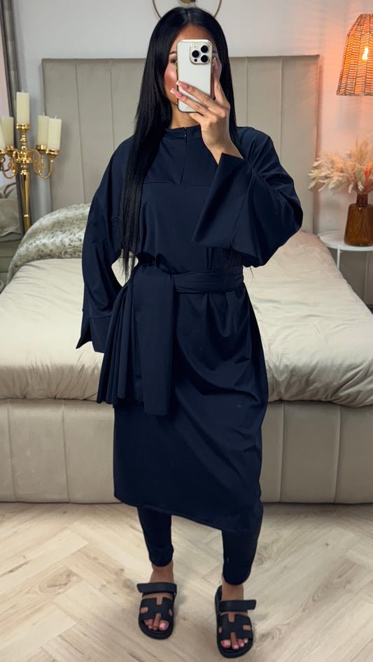 Zipper Essential Long Burkini Split Sleeve Detail + Hijab -Tie Belt