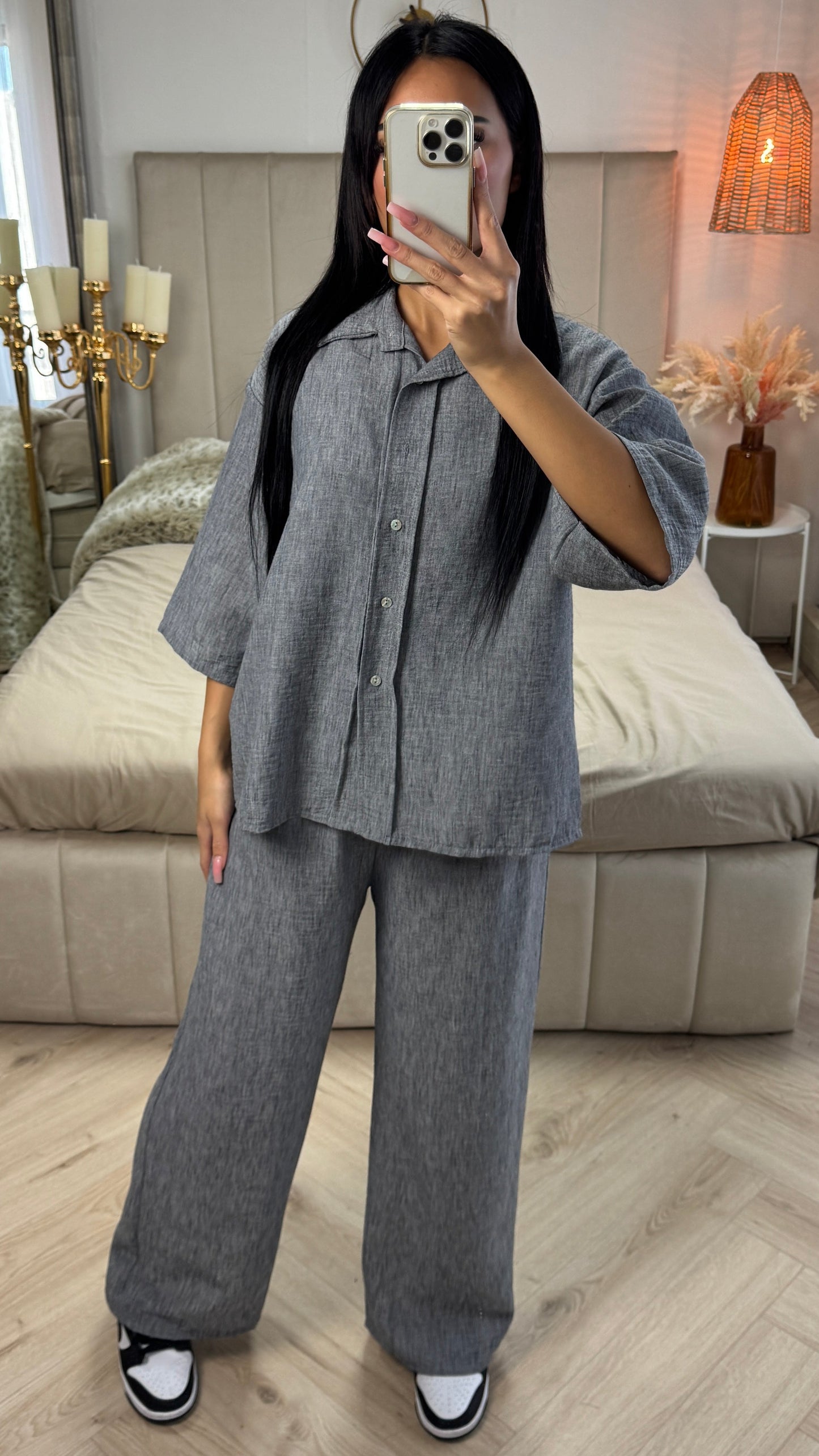 Summer Set with Linen-Look Blouse & Wide-Leg Pants