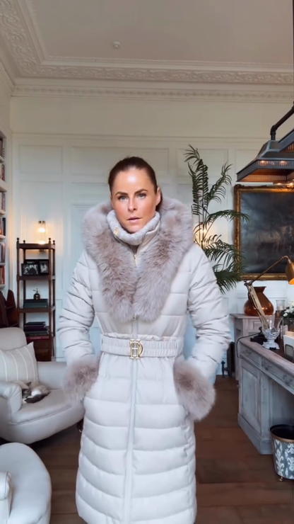 Beige belted down jacket