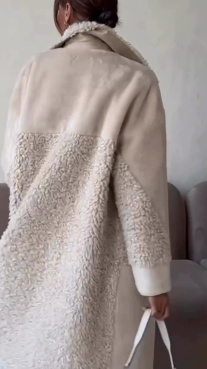 Cream Sherpa Trim Double-Breasted Coat