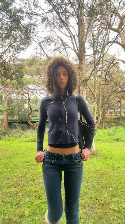 Furry Hood Navy Blue Jacket