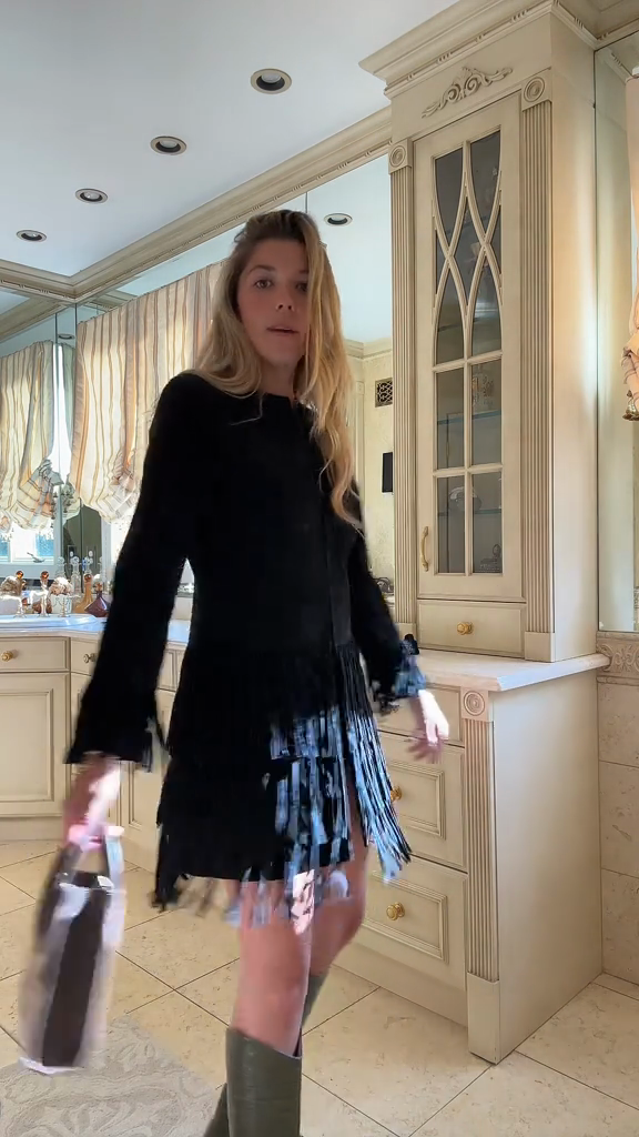 Black Fringe - Trimmed Coat and Mini Dress Set