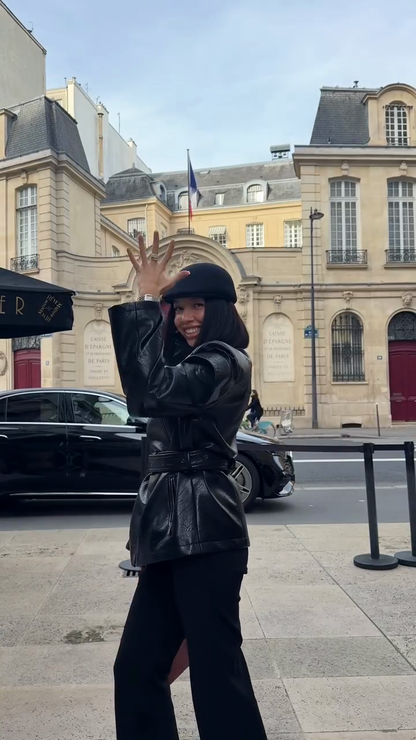 Black slim-fit belted leather jacket