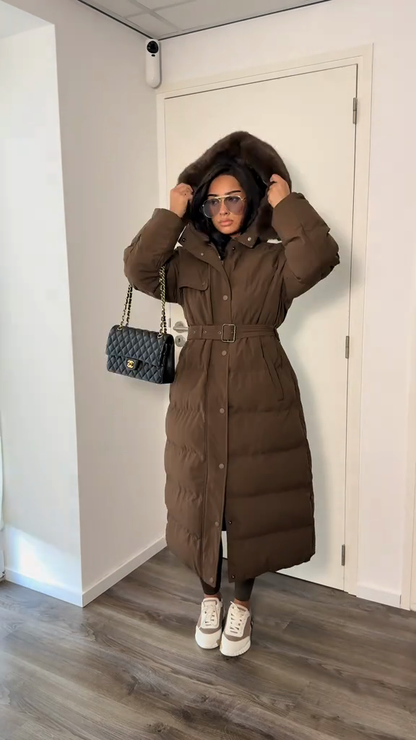 Brown belted down jacket