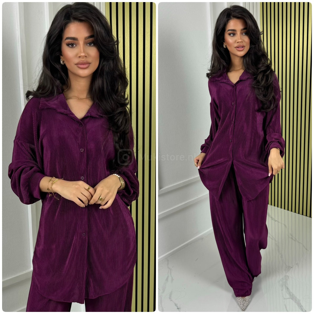 Blouse Wide Leg Set Shiny Ribbed