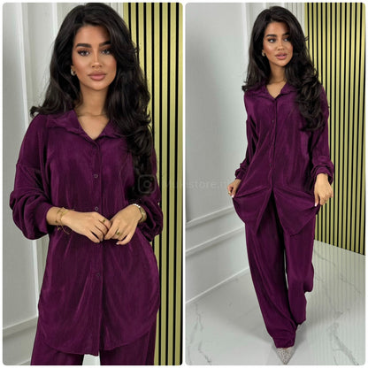 Blouse Wide Leg Set Shiny Ribbed