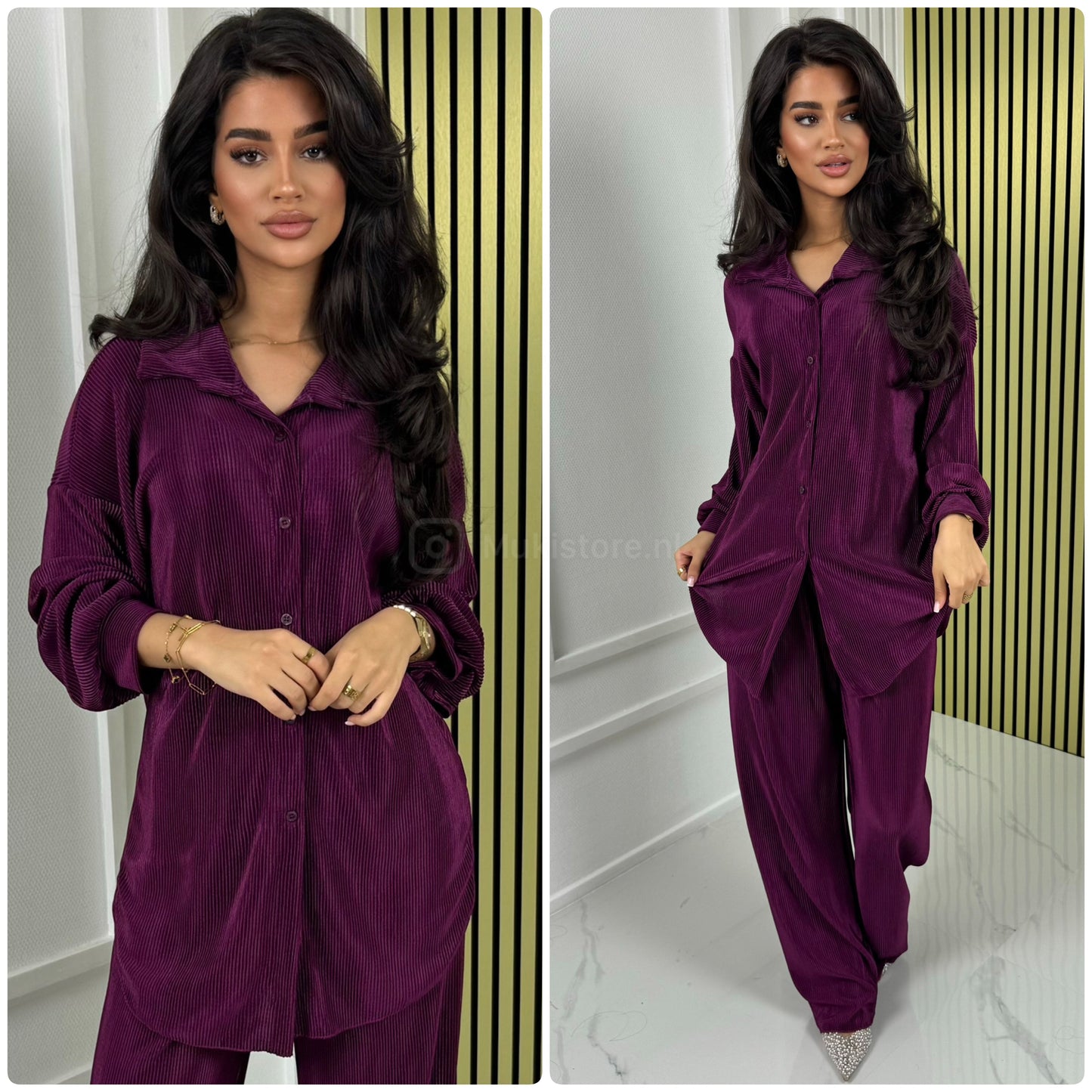 Blouse Wide Leg Set Shiny Ribbed