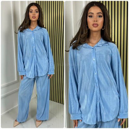 Blouse Wide Leg Set Shiny Ribbed