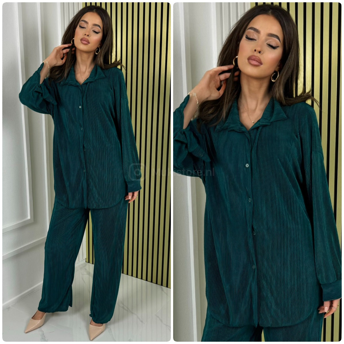 Blouse Wide Leg Set Shiny Ribbed