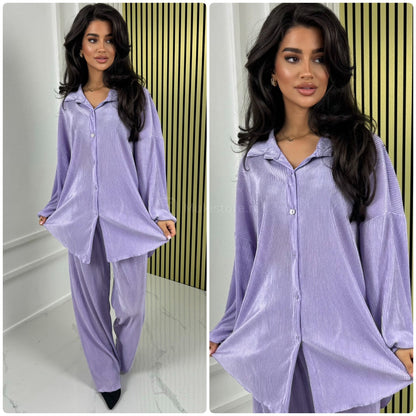 Blouse Wide Leg Set Shiny Ribbed