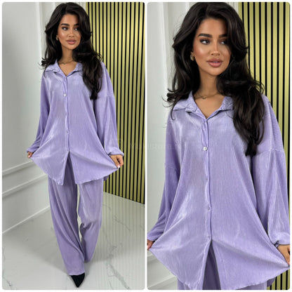 Blouse Wide Leg Set Shiny Ribbed