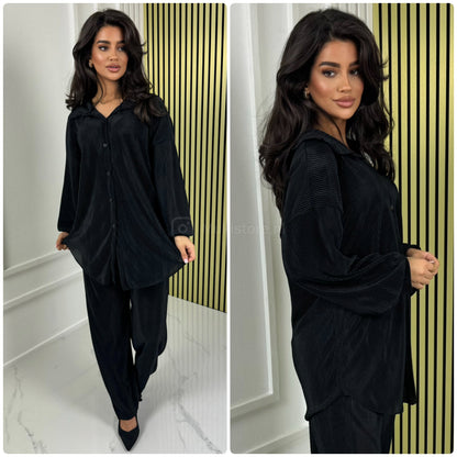 Blouse Wide Leg Set Shiny Ribbed