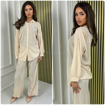 Blouse Wide Leg Set Shiny Ribbed