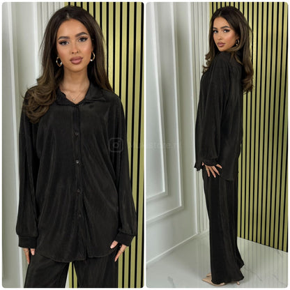 Blouse Wide Leg Set Shiny Ribbed