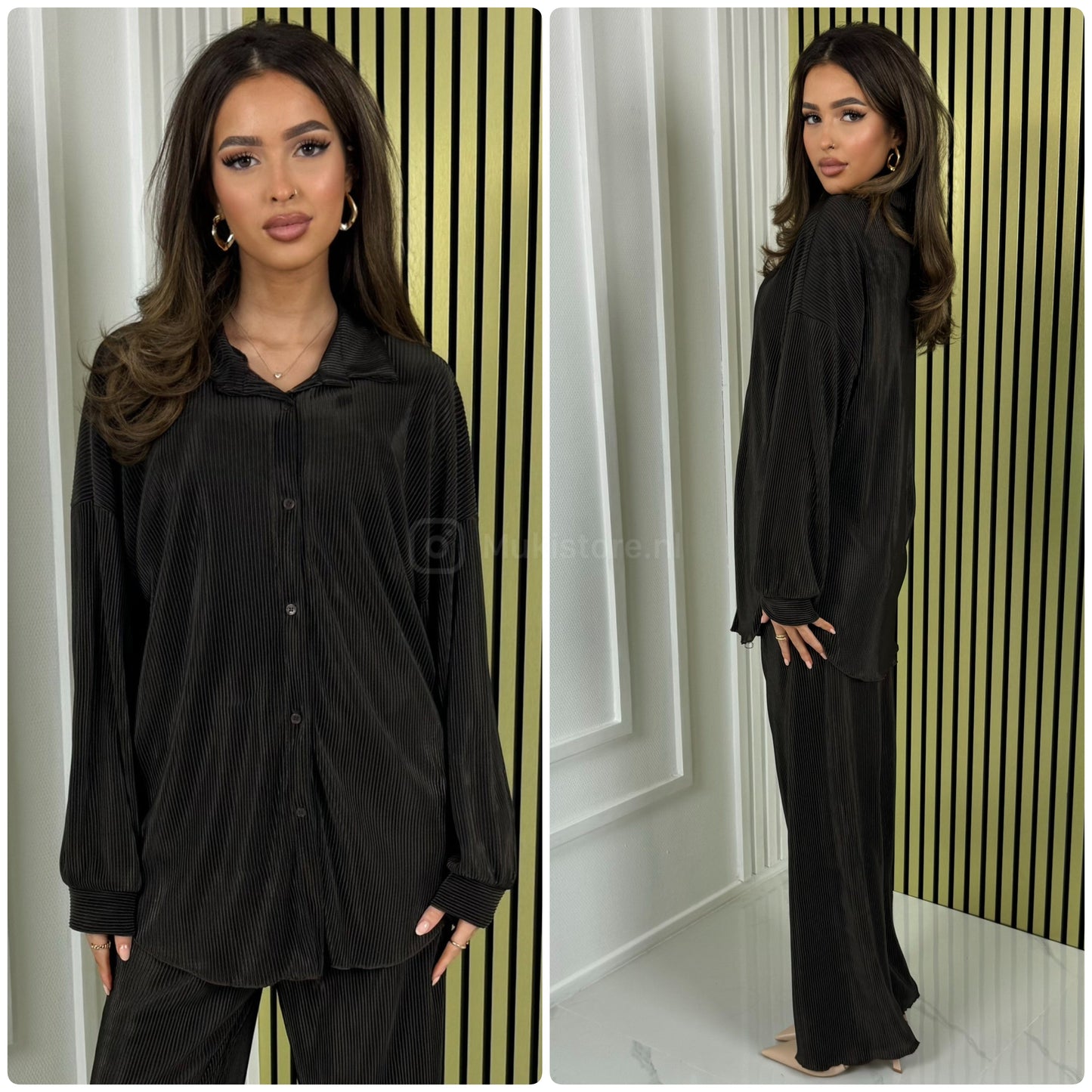 Blouse Wide Leg Set Shiny Ribbed