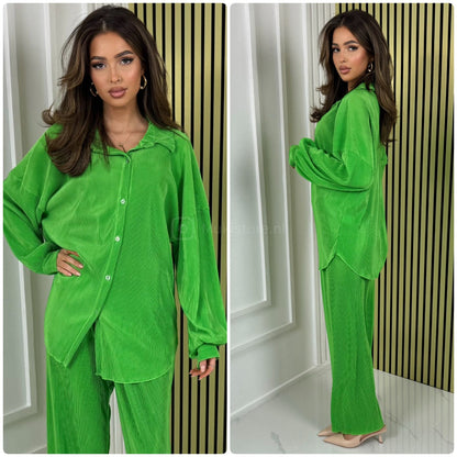 Blouse Wide Leg Set Shiny Ribbed