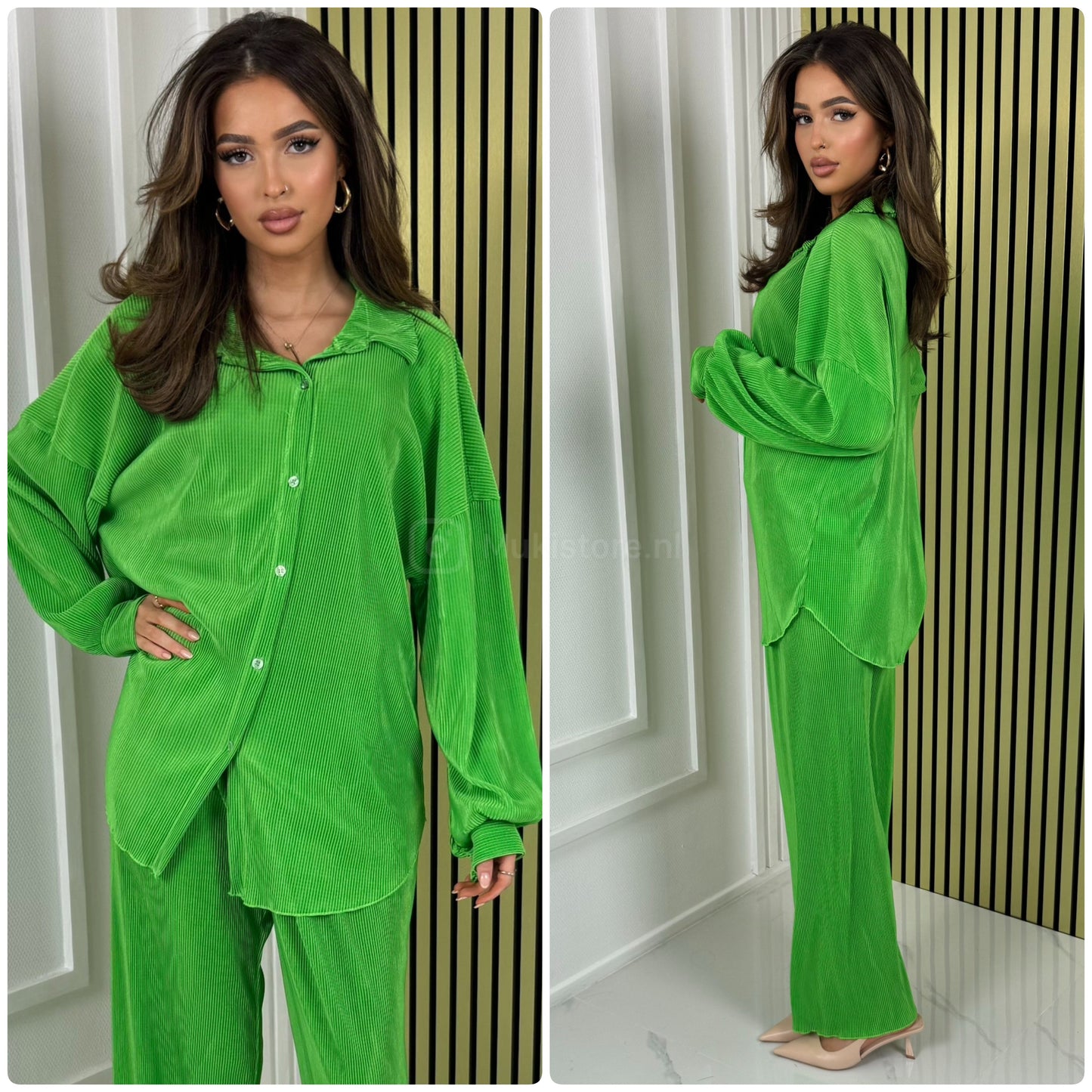 Blouse Wide Leg Set Shiny Ribbed
