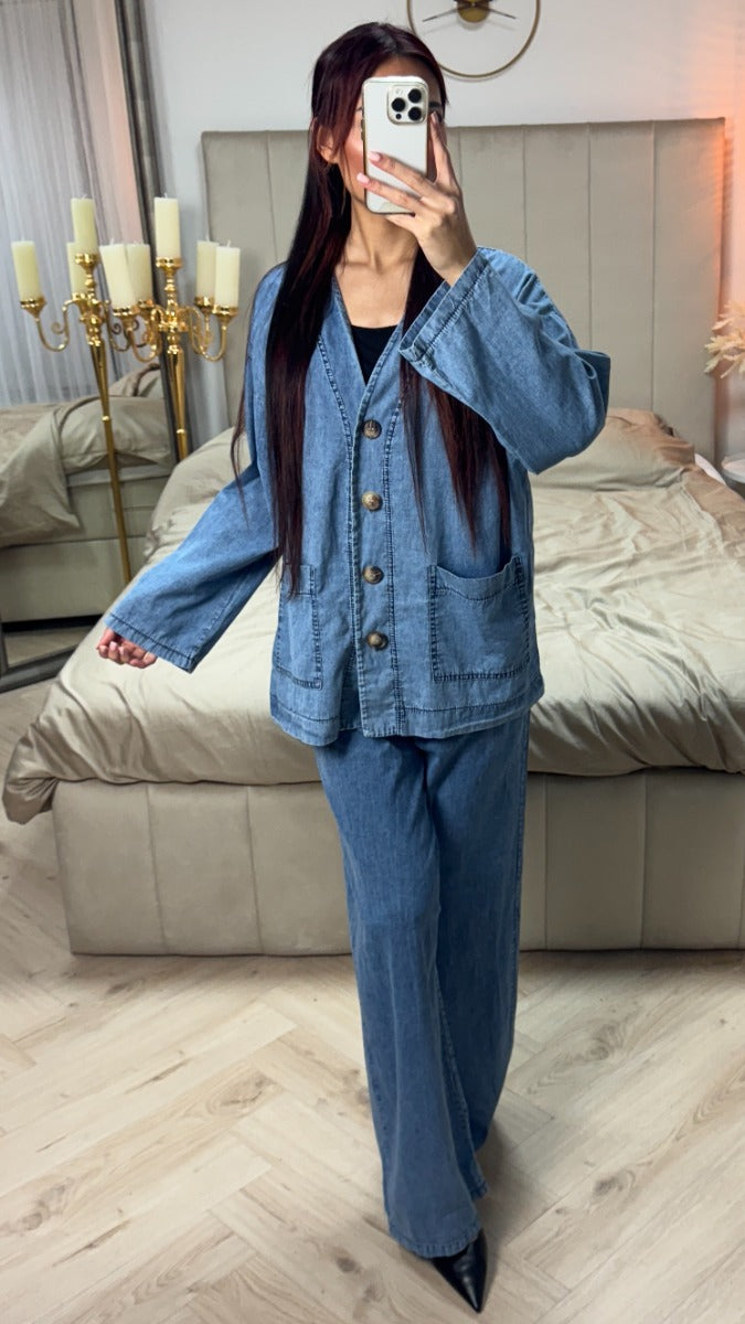 Button Denim Blouse Set