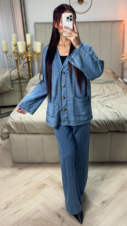 Button Denim Blouse Set