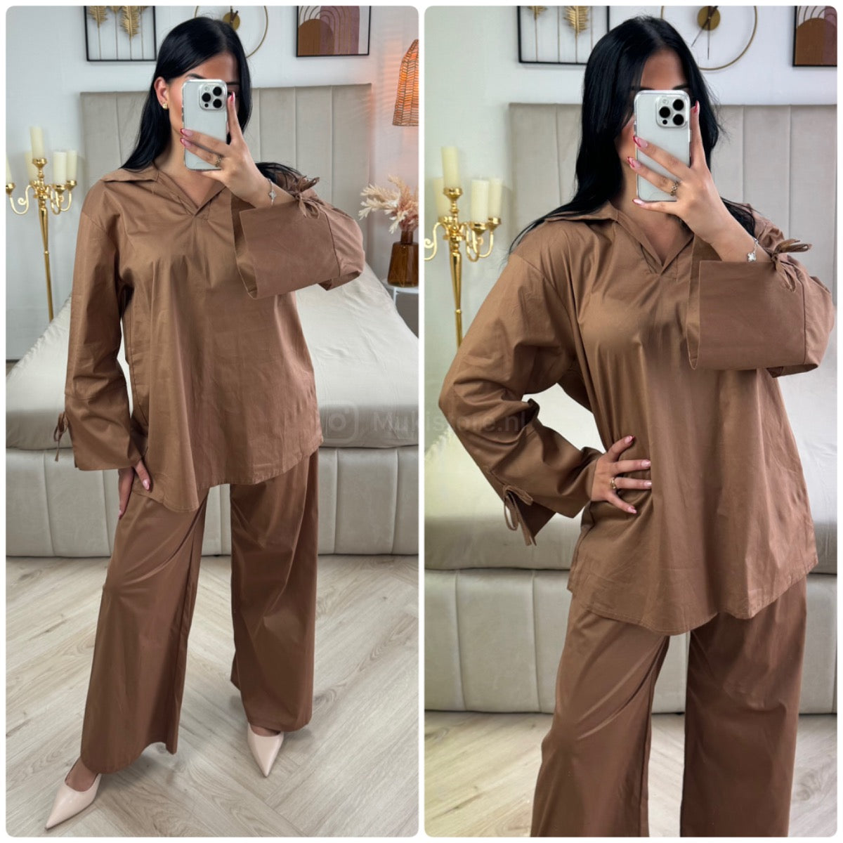 Two-Pieces Set V Neck Slit Sleeve Tie Detail + Wide Leg