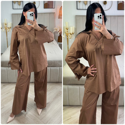 Two-Pieces Set V Neck Slit Sleeve Tie Detail + Wide Leg