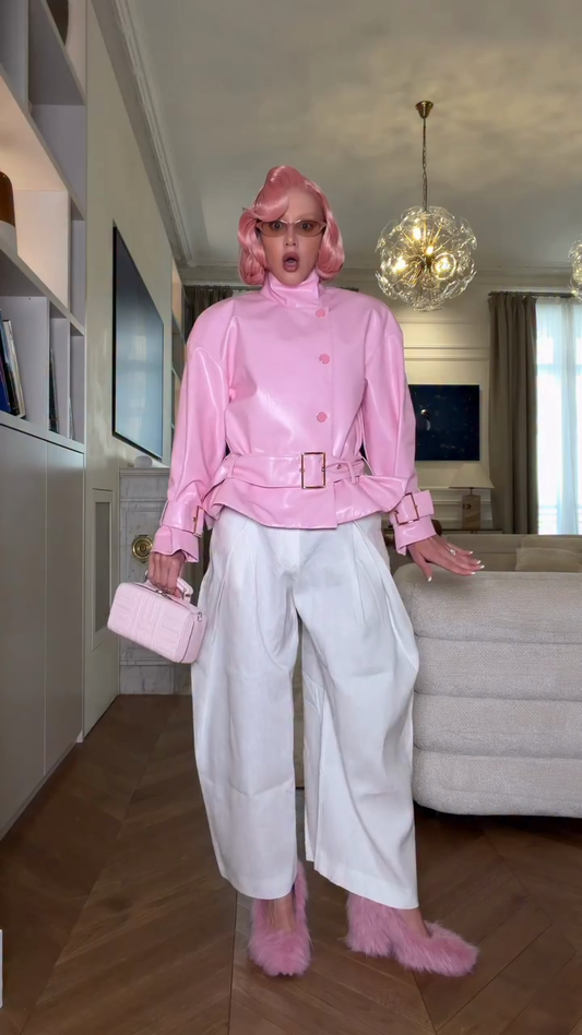 Pink Leather Belted Jacket