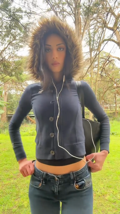 Furry Hood Navy Blue Jacket