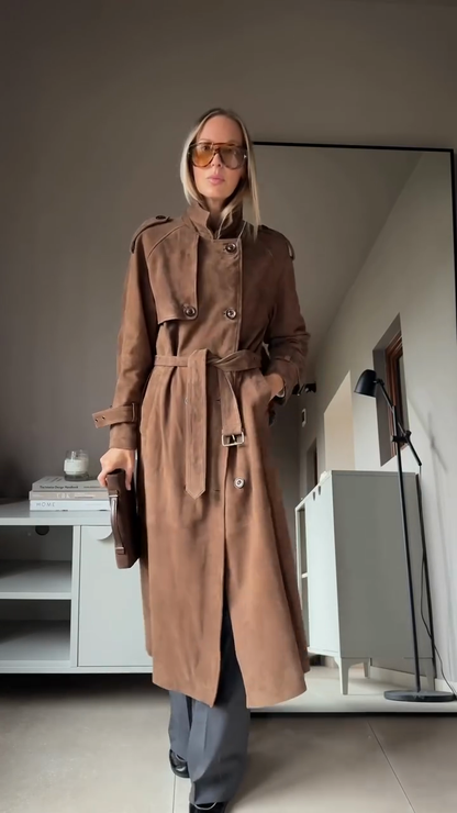 Brown faux suede trench coat