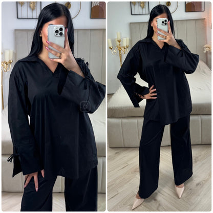 Two-Pieces Set V Neck Slit Sleeve Tie Detail + Wide Leg