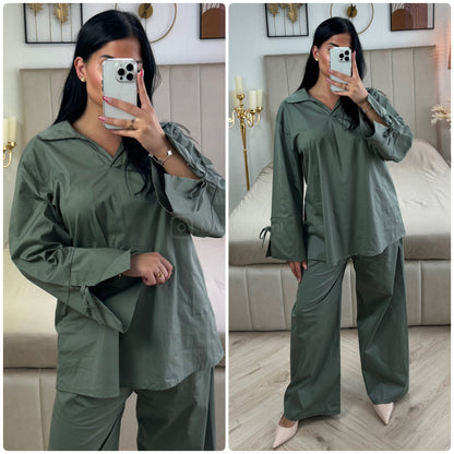 Two-Pieces Set V Neck Slit Sleeve Tie Detail + Wide Leg