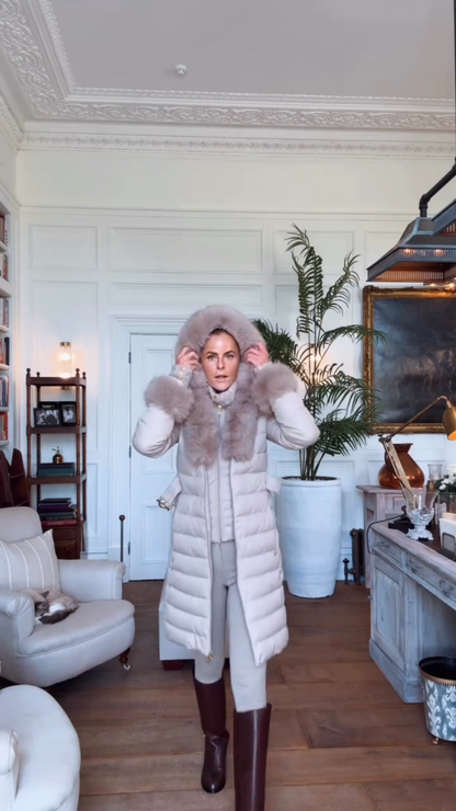 Beige belted down jacket