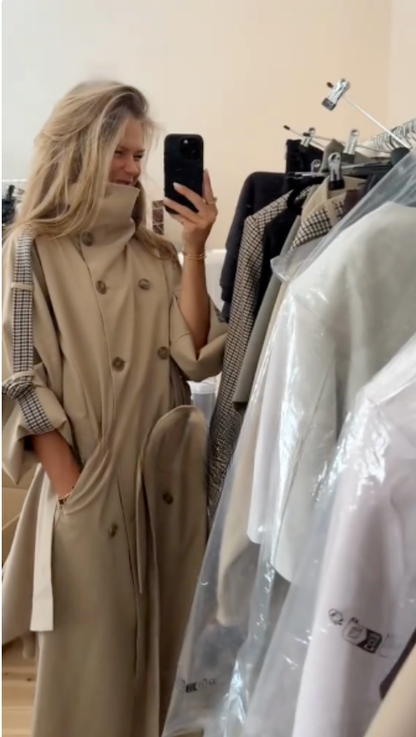 Beige Double - Breasted Trench Coat with Plaid Cuff Detail
