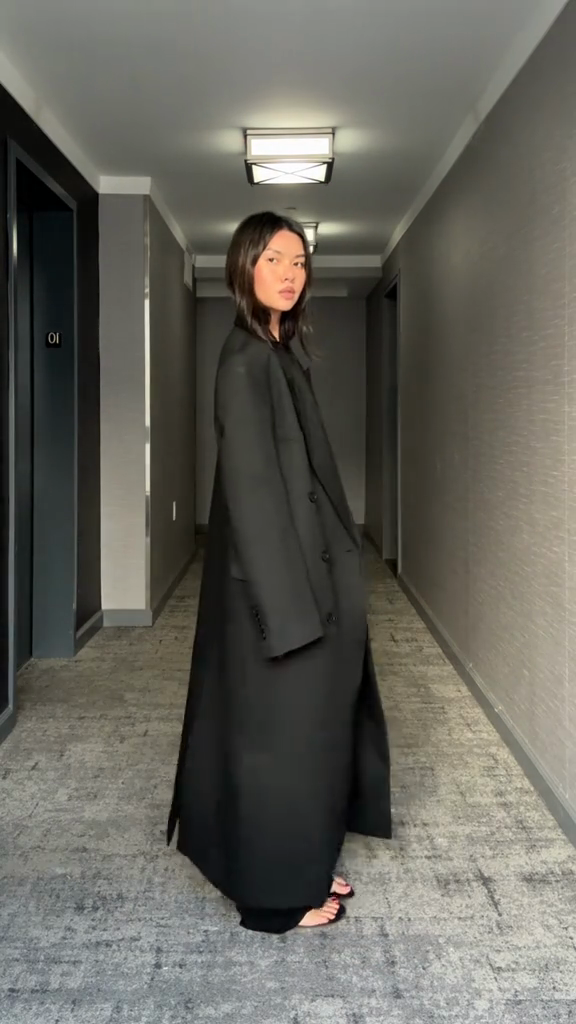 Black double-breasted maxi coat