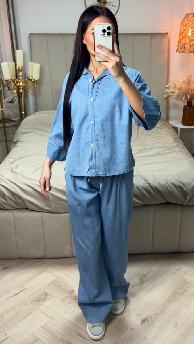 Denim Blouse Wide Leg Set