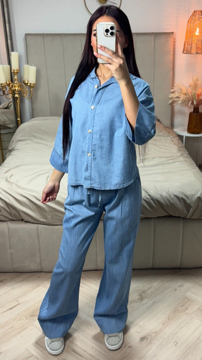 Denim Blouse Wide Leg Set