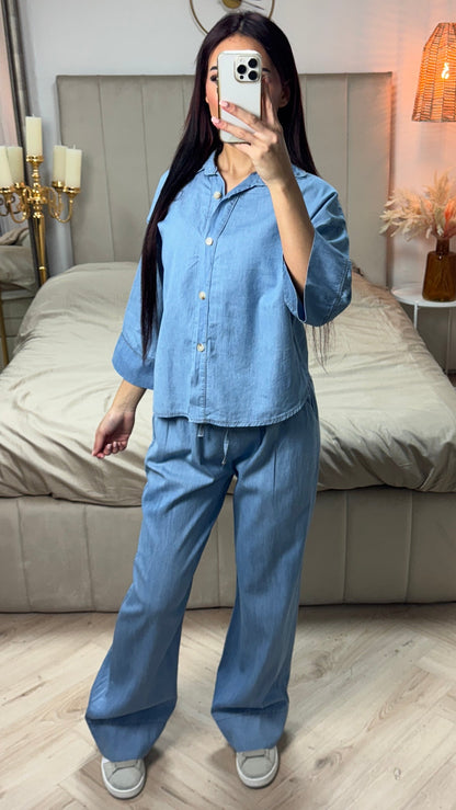 Denim Blouse Wide Leg Set