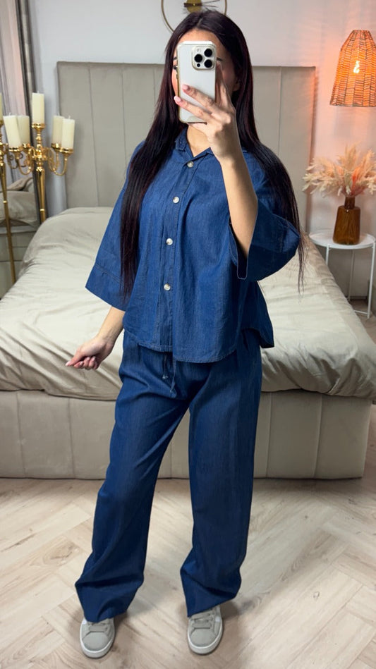 Denim Blouse Wide Leg Set