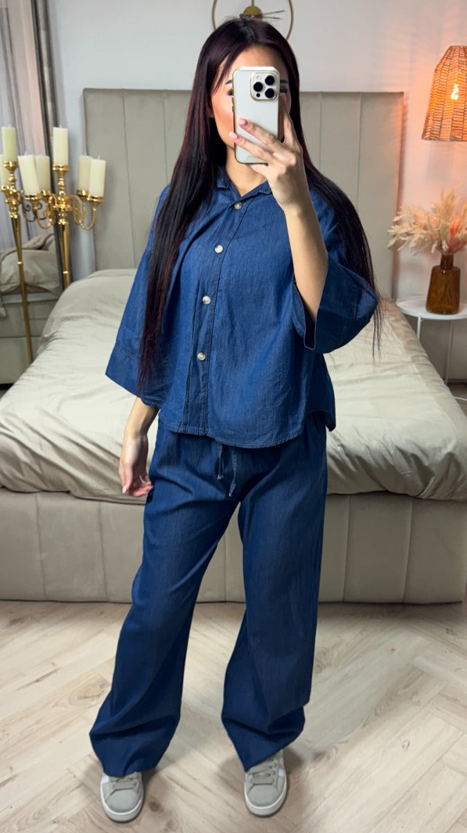 Denim Blouse Wide Leg Set