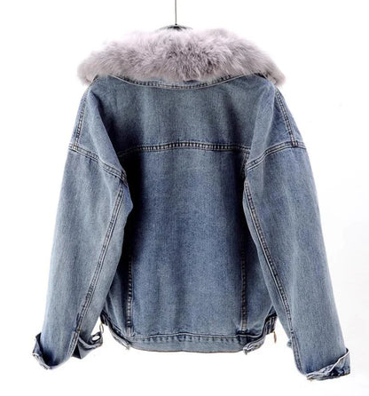 Light blue fur-lined hooded denim jacket