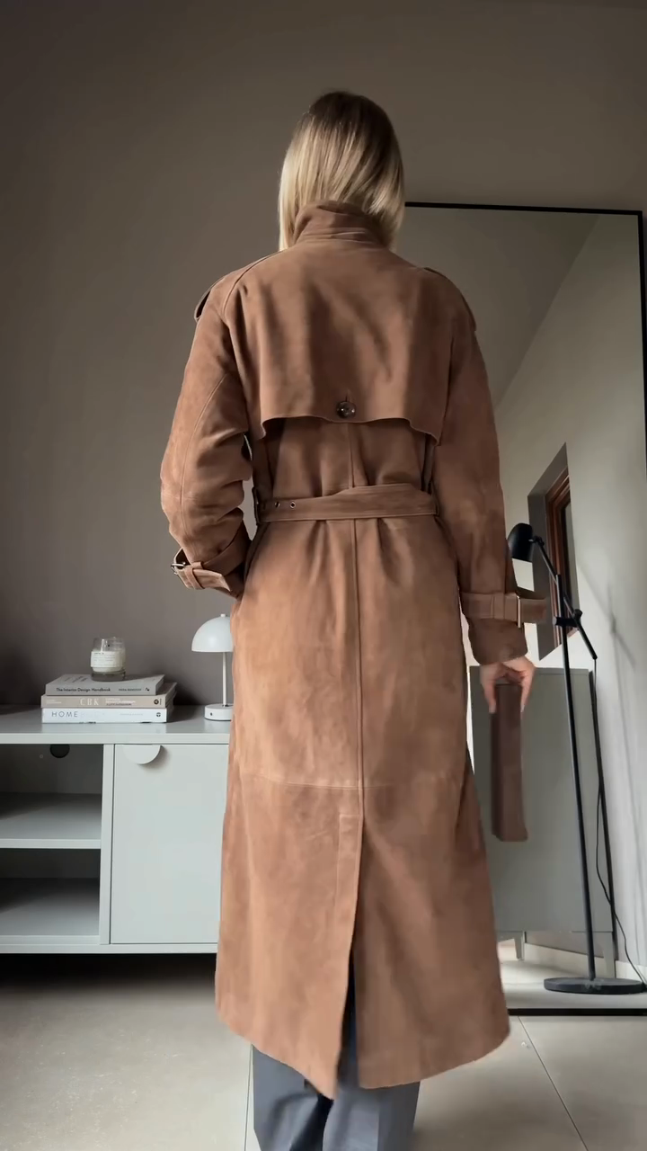 Brown faux suede trench coat
