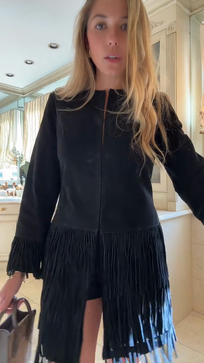 Black Fringe - Trimmed Coat and Mini Dress Set