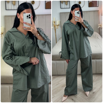 Two-Pieces Set V Neck Slit Sleeve Tie Detail + Wide Leg