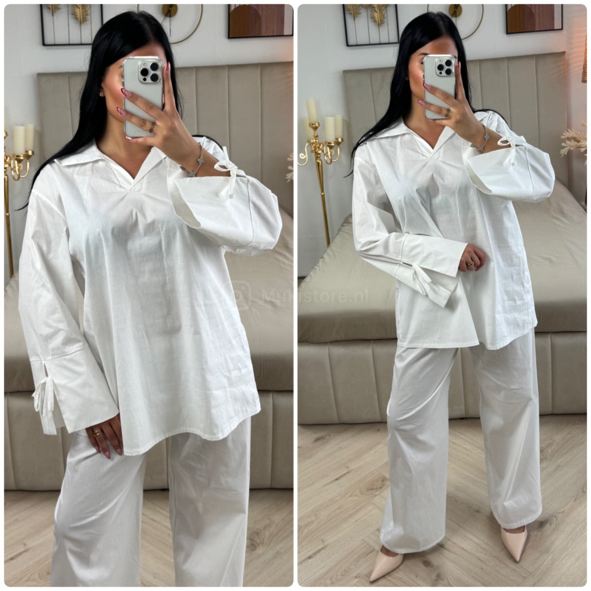 Two-Pieces Set V Neck Slit Sleeve Tie Detail + Wide Leg